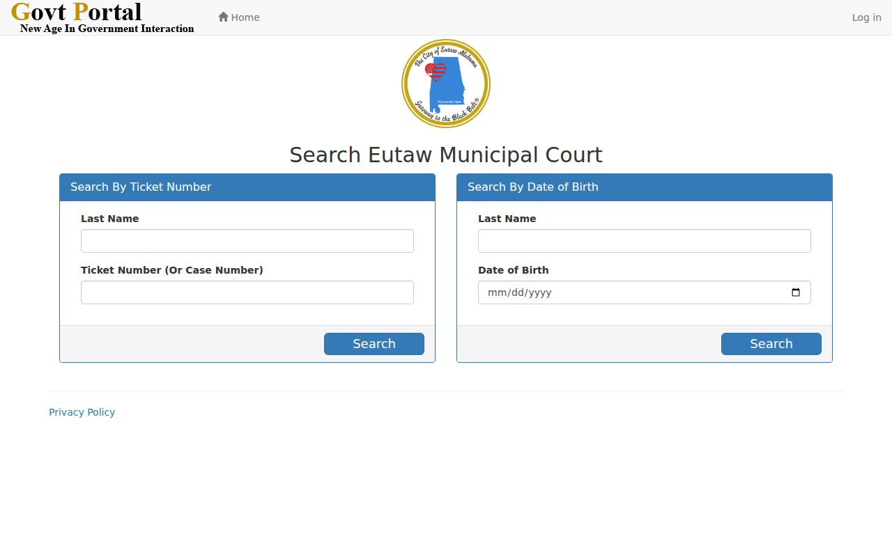 Eutaw Municipal Court ticket search showing ticket-number and date-of-birth options