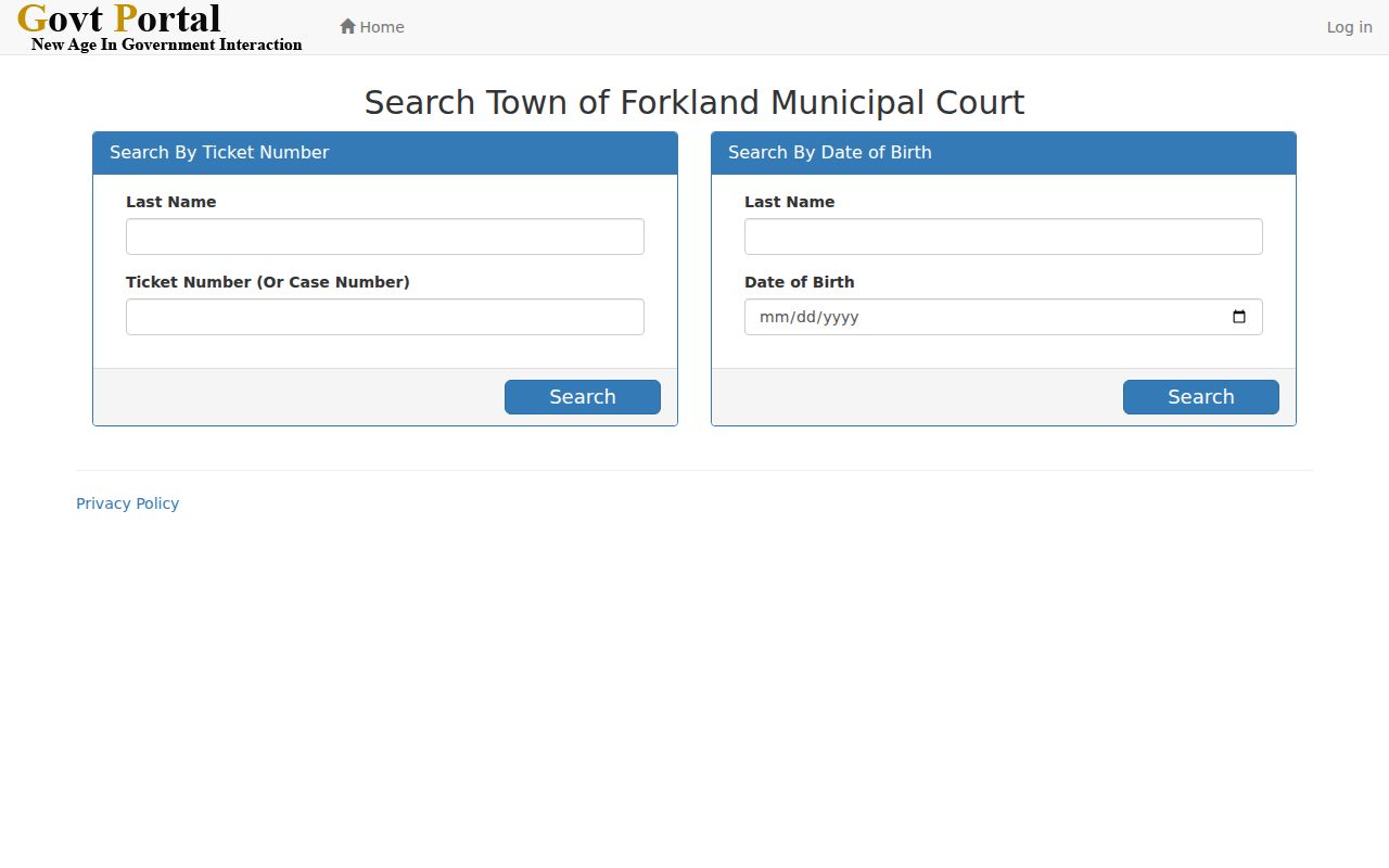 Blank Forkland Municipal Court ticket search with ticket-number and date-of-birth paths