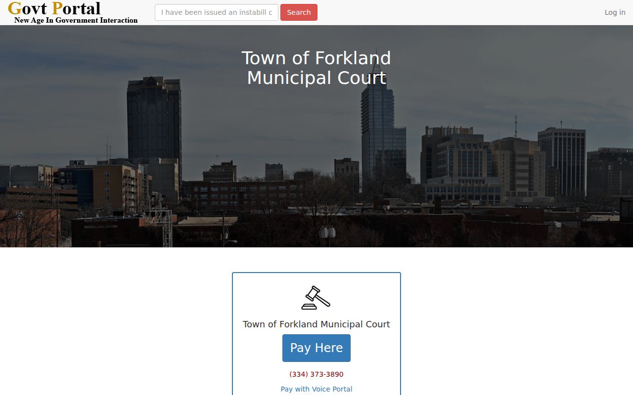 Town of Forkland Municipal Court Government Portal payment and voice portal screen
