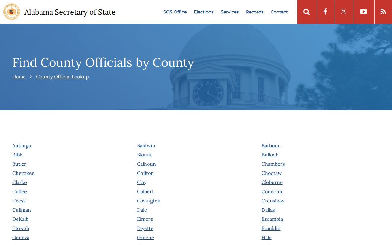 Alabama state city and county directory showing official municipal and county structure